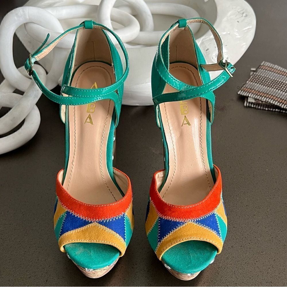 ALBA Peep Toe Platform Multicolor Patche Design Stitch Front Ankle Belt Size 7.5